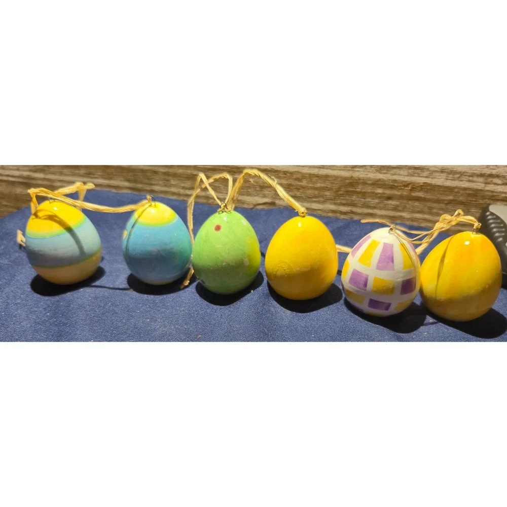 6pc Hand Painted Porcelain‎ Hollow Easter Eggs Farm Animals Chicks Ducks Raffia